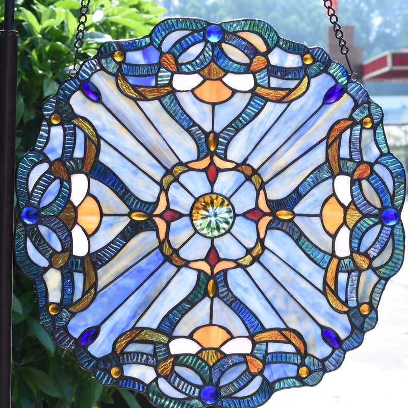 Bieye W10069 Baroque Tiffany Style Stained Glass Window Panel, Round Shape, 16 inches Wide - Image 3